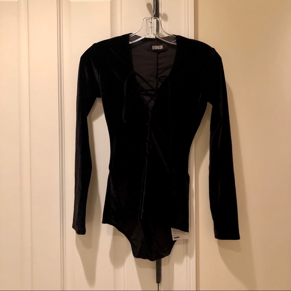 Reformation Black Velvet Lace-up Bodysuit XS
